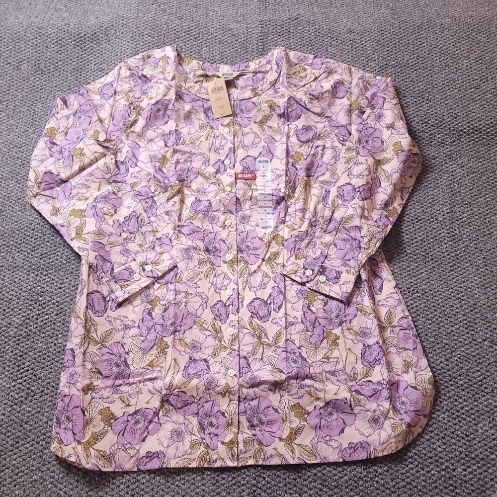 Duluth Womens Wrinkle Fighter Tunic No Gape Floral  Purple Button Shirt Pink - Picture 2 of 12
